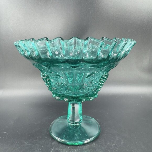 Westmoreland Laurel Green Paneled Grape Pedestal Compote Bowl Dish Wavy Edges - Picture 14 of 14